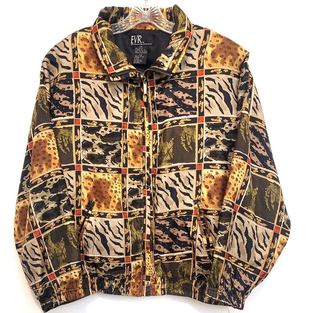 EVR Animal Print Patchwork Windbreaker Jacket Size L Leopard Tiger 90s Silk